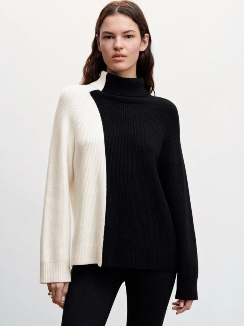 Mango Two-Tone Colorblock Chunky Turtleneck Sweater - Black/White